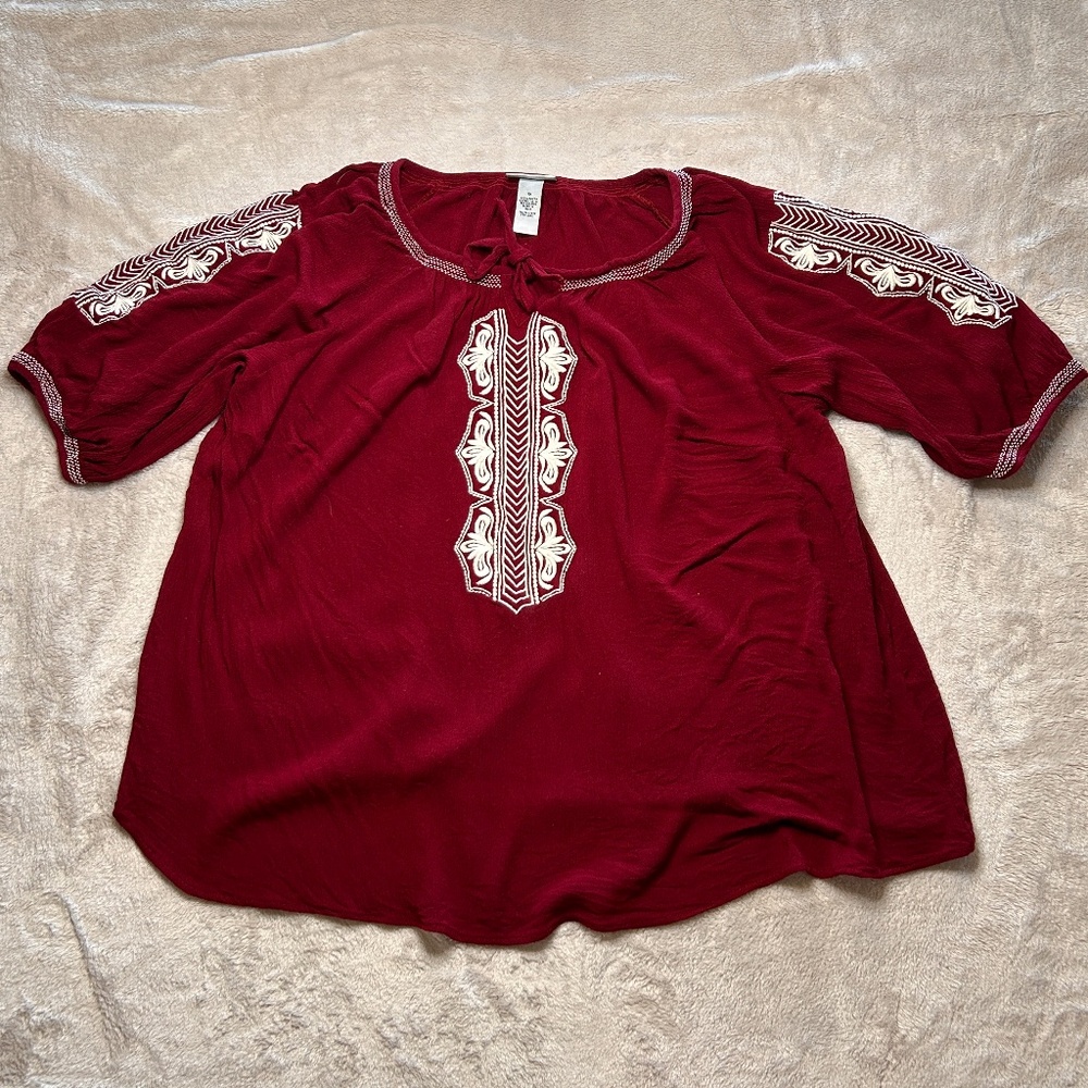 Catherines Womens Maroon 3/4 Sleeve Tunic Top Size 1X Embroidered‎ Boho Peasant